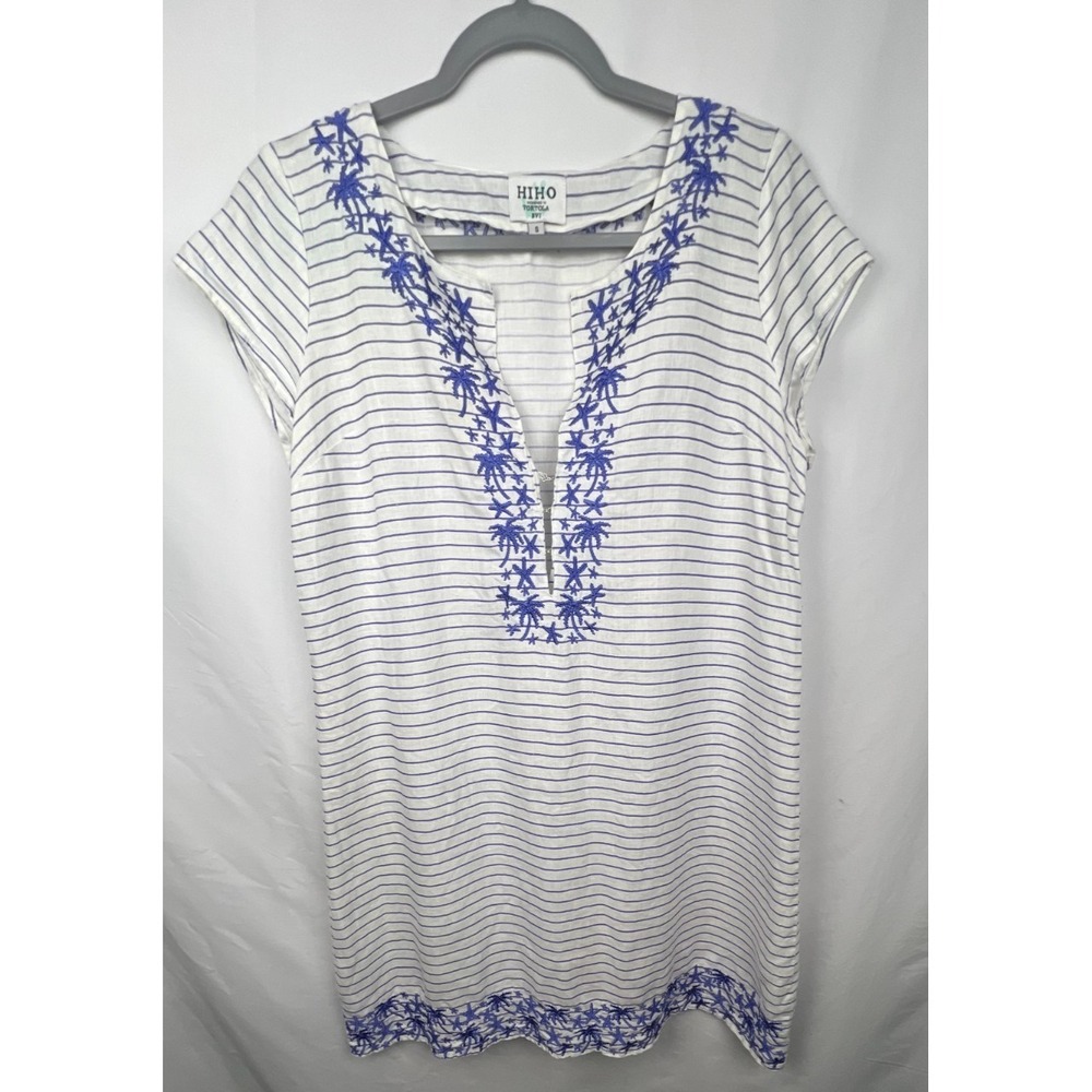 HIHO Tortola BVI Dress S White Blue Striped 100% Linen Embroidered Beach Coastal